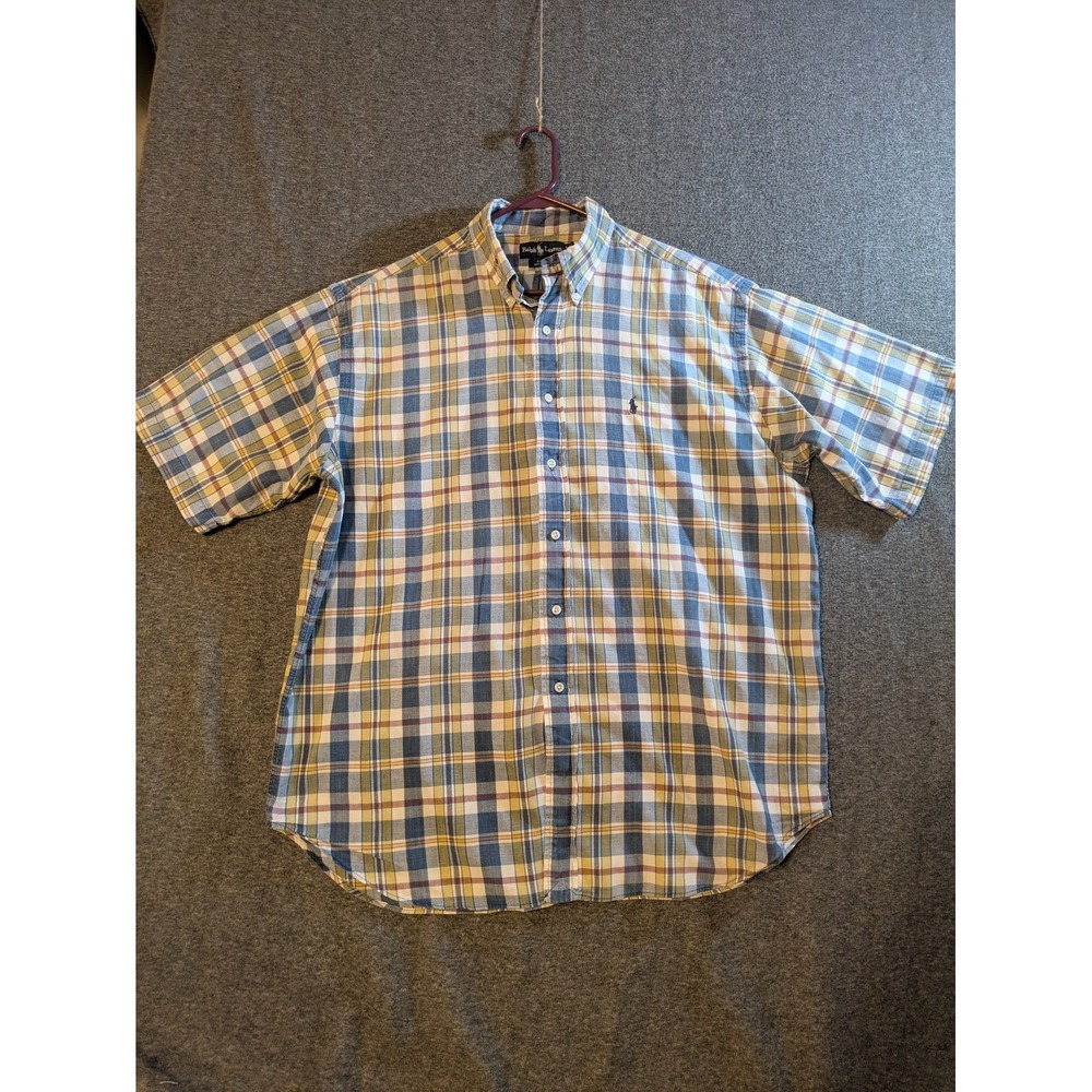 Ralph Lauren Shirt Mens Blake Short Sleeve Button‎ Up  XL Yellow Blue Plaid